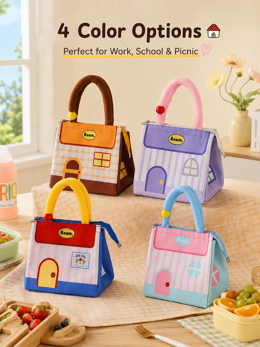 Cartoon Lunch Bag Dopamine House Shape Lunch Box Large Capacity with Handle Insulated Tote Bag for Students&Office Worker