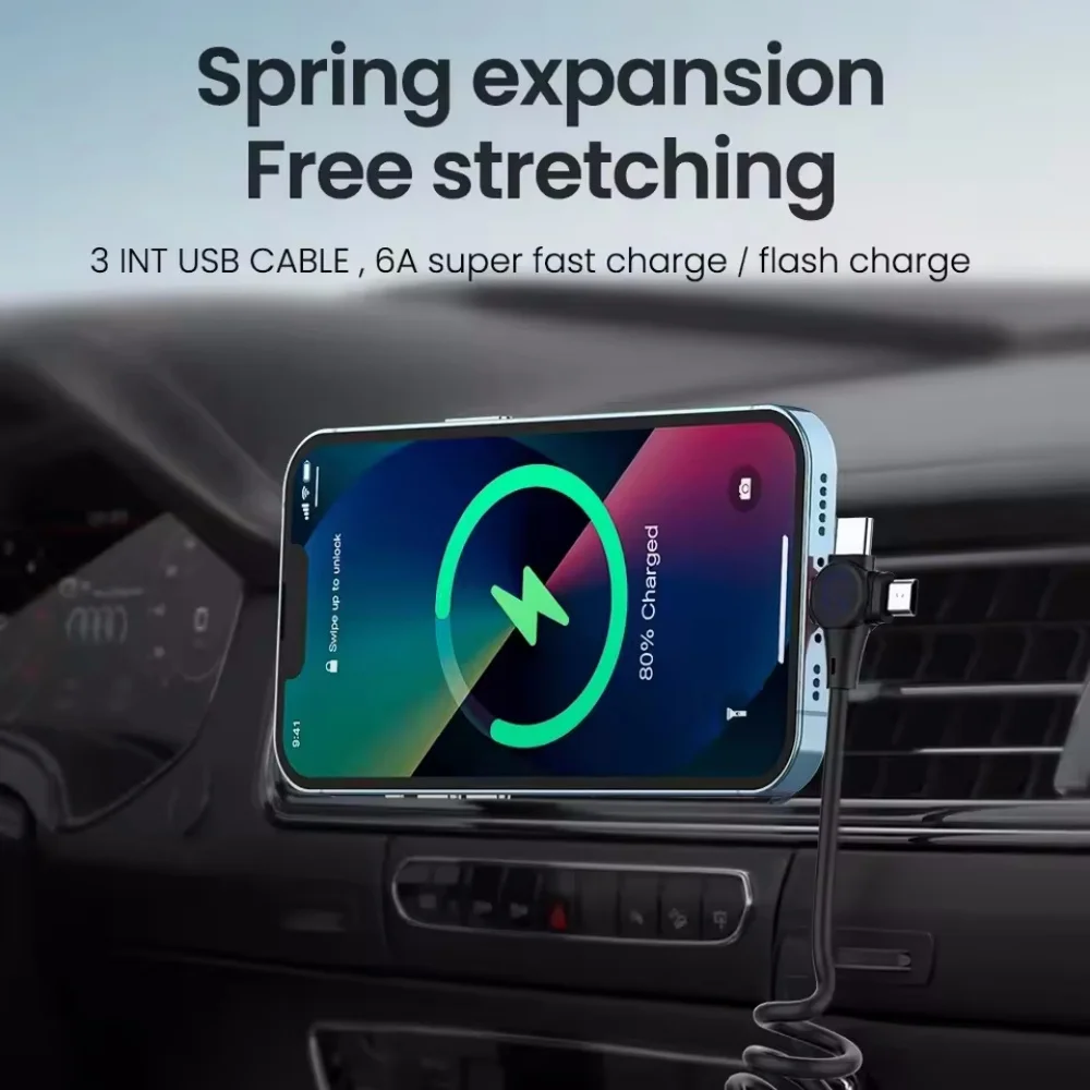 كابل بيانات شحن سريع للهاتف المحمول 3 في 1 بقدرة 120 وات لهاتف آيفون وهواوي وشاومي كابل بيانات زنبركي فائق السرعة قابل للسحب #4