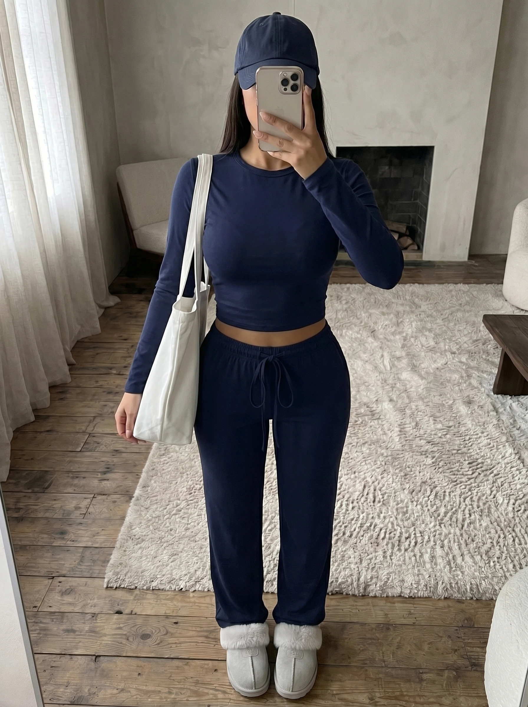 

Women's Slim-Fit Modal Long-Sleeve Straight-Leg Pants Set, Navy Blue