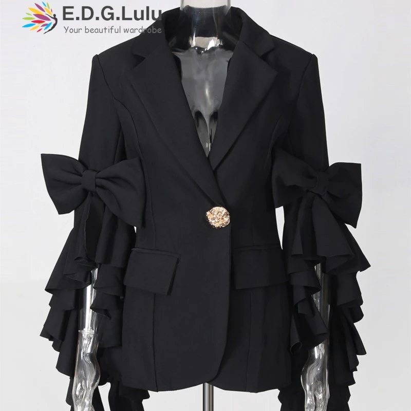 EDGLuLu  Women' S Clothes 2 Piece Sets Long Sleeved Bow Tie Splicing Suit Jacket+High-Waisted Straight Leg Pants Balck Suit 0904