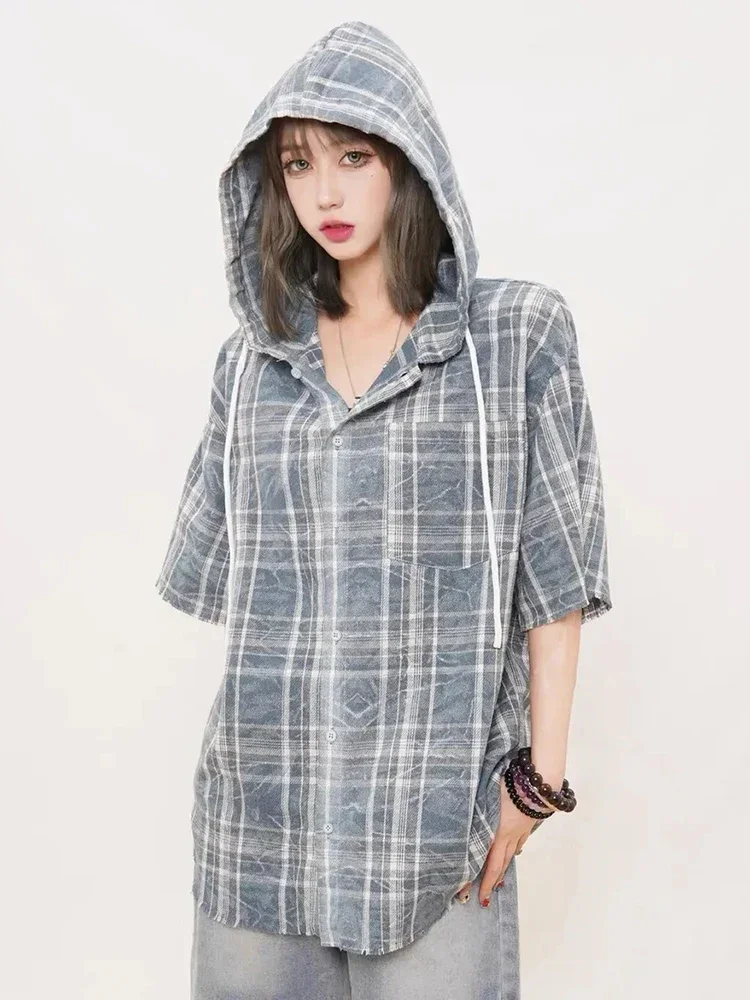 

Уличная рубашка в клетку в стиле ретро, женская свободная блузка с капюшоном Harajuku Y2k, американская винтажная блузка с коротким рукавом, новые летние повседневные топы