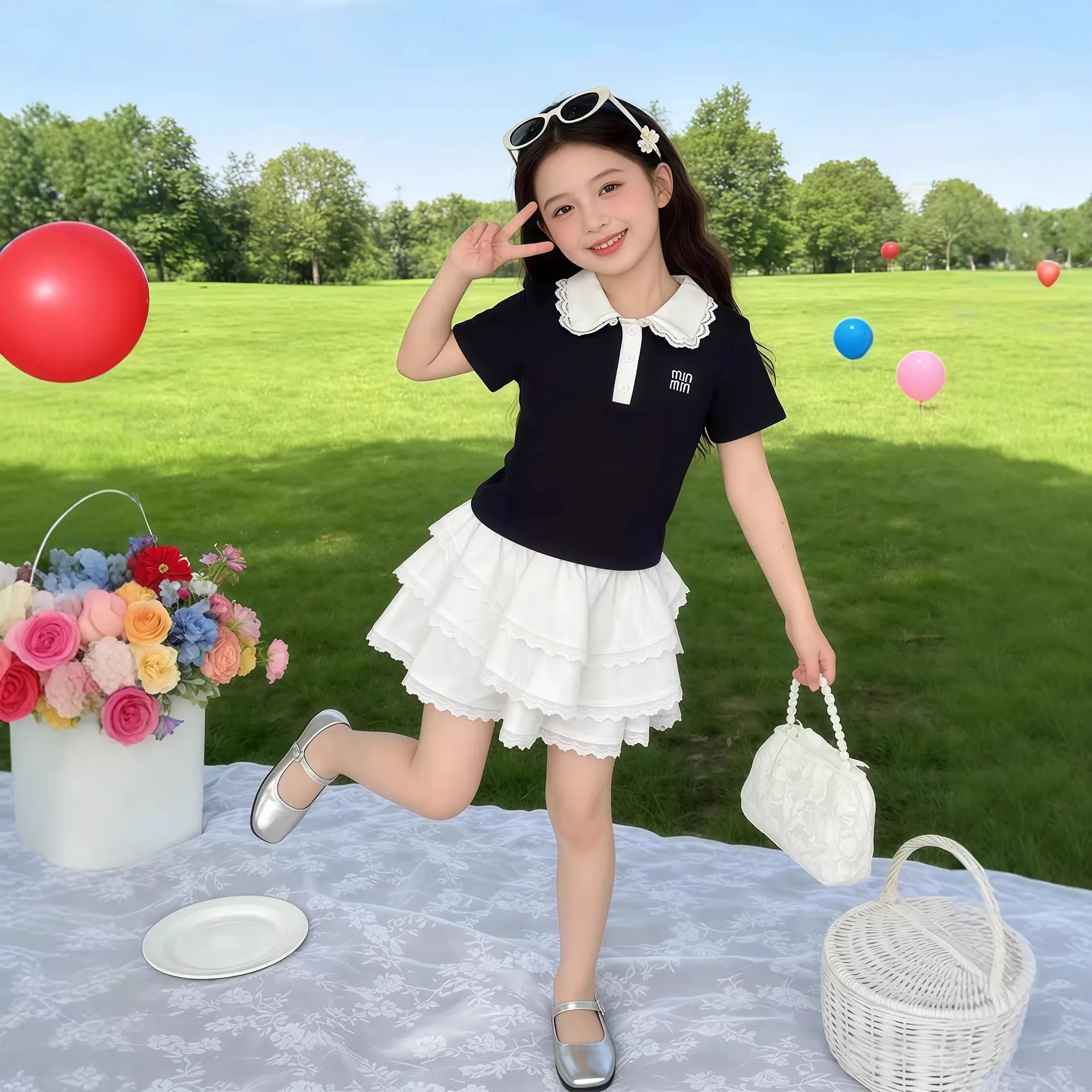 女の子夏の綿レーススカートセット半袖ふわふわハーフレングスツーピースアンサンブル2-7歳向け韓国風学校制服