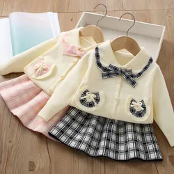 Girls Knitted Dress Clothes Sets Autumn Winter Children Woolen Sweaters Coats Skirts 2pcs Party Suit For Baby Christmas Costume