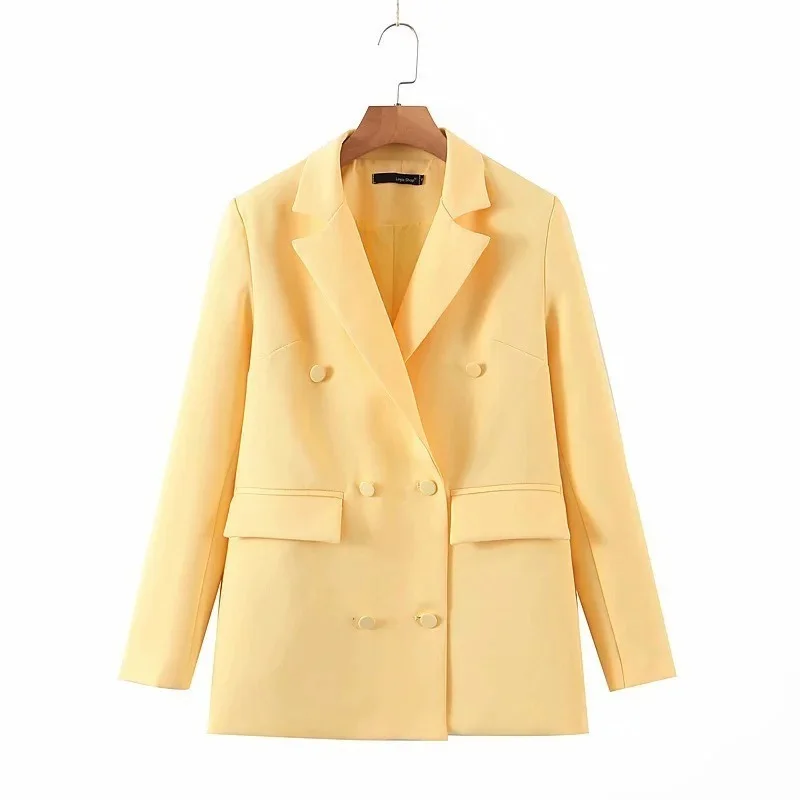 Gele Britse Stijl Blazer 2024 Vrouwen Effen Kleuren Double Breasted Casual Kantoor Blazer Pak Nieuwe Mode Werk Woon-Werkkleding