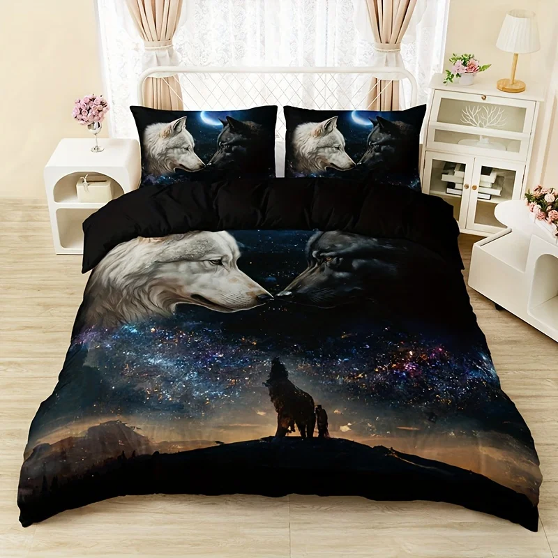 Starry Sky Animal Wolf Print Duvet Cover Set Soft Comfortable Duvet Cover For Bedroom Guest Room Bedding Set