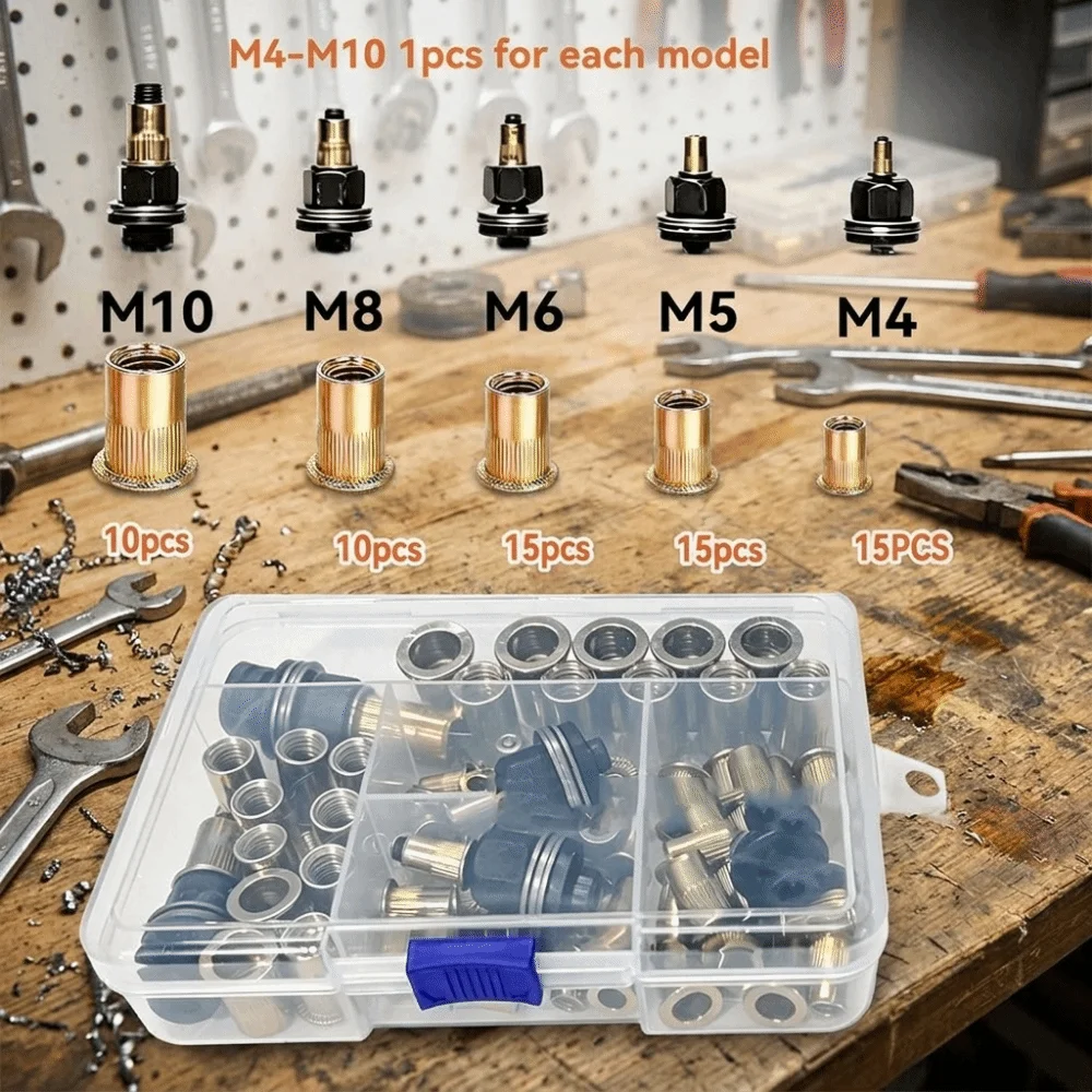 60/70 PCS Carbon Steel Rivet Nut Tool Rustproof Head Rivet Nut Threaded Insert Tool Threaded Manual Rivet Nut Assortment Kit