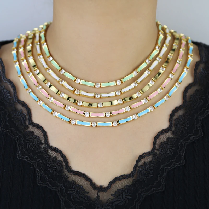 Gold Color Bamboo Shaped Charm 5 Color Pastel Enamel Prong Set Round CZ Sparking Choker Necklace Fashion Women Jewelry