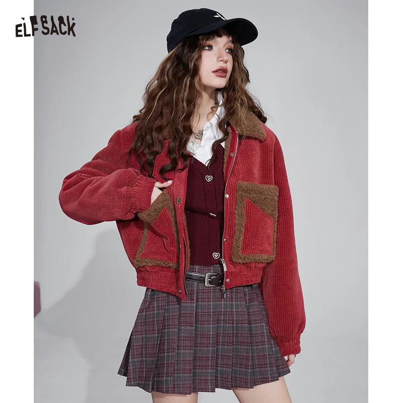 

ELFSACK 2025 Winter New Arrivals Y2K Vintage Plush Lapel Large Pocket Short Jacket For Women
