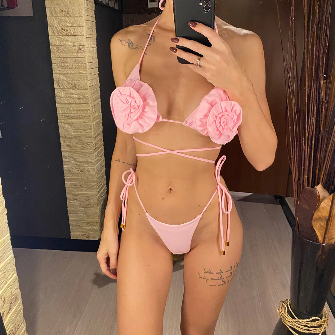 Halter 3D-Blumen Mini Micro Thong Bikini Damen Bademode Zweiteiliger Bikini Badeanzug Badebekleidung V4937 – Detail 2