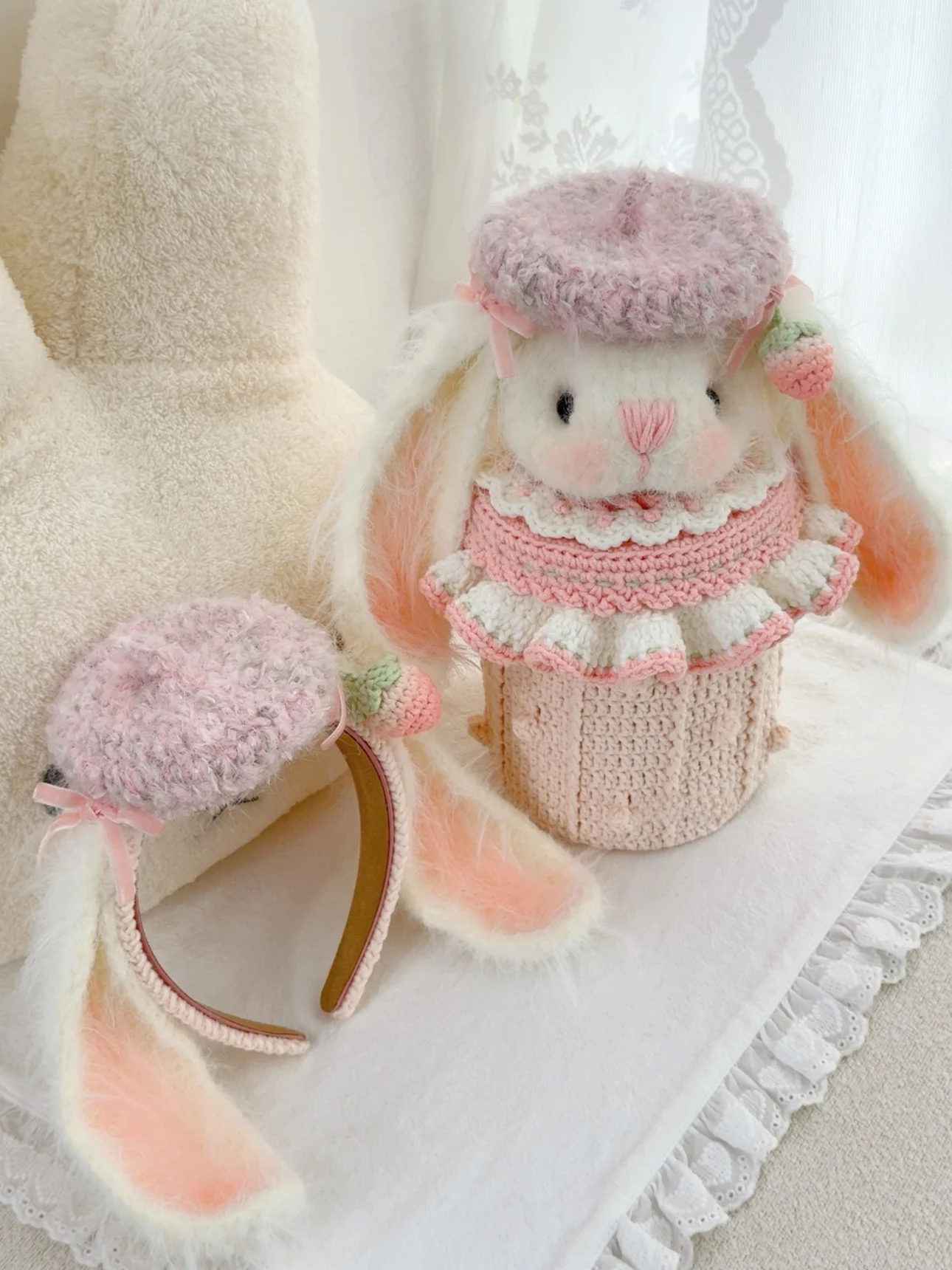 オリジナル手編みうさぎ耳バケットバッグ素材キット毛糸ヘアバンドdiyクラフト耳飾りデザインファッションアクセサリー