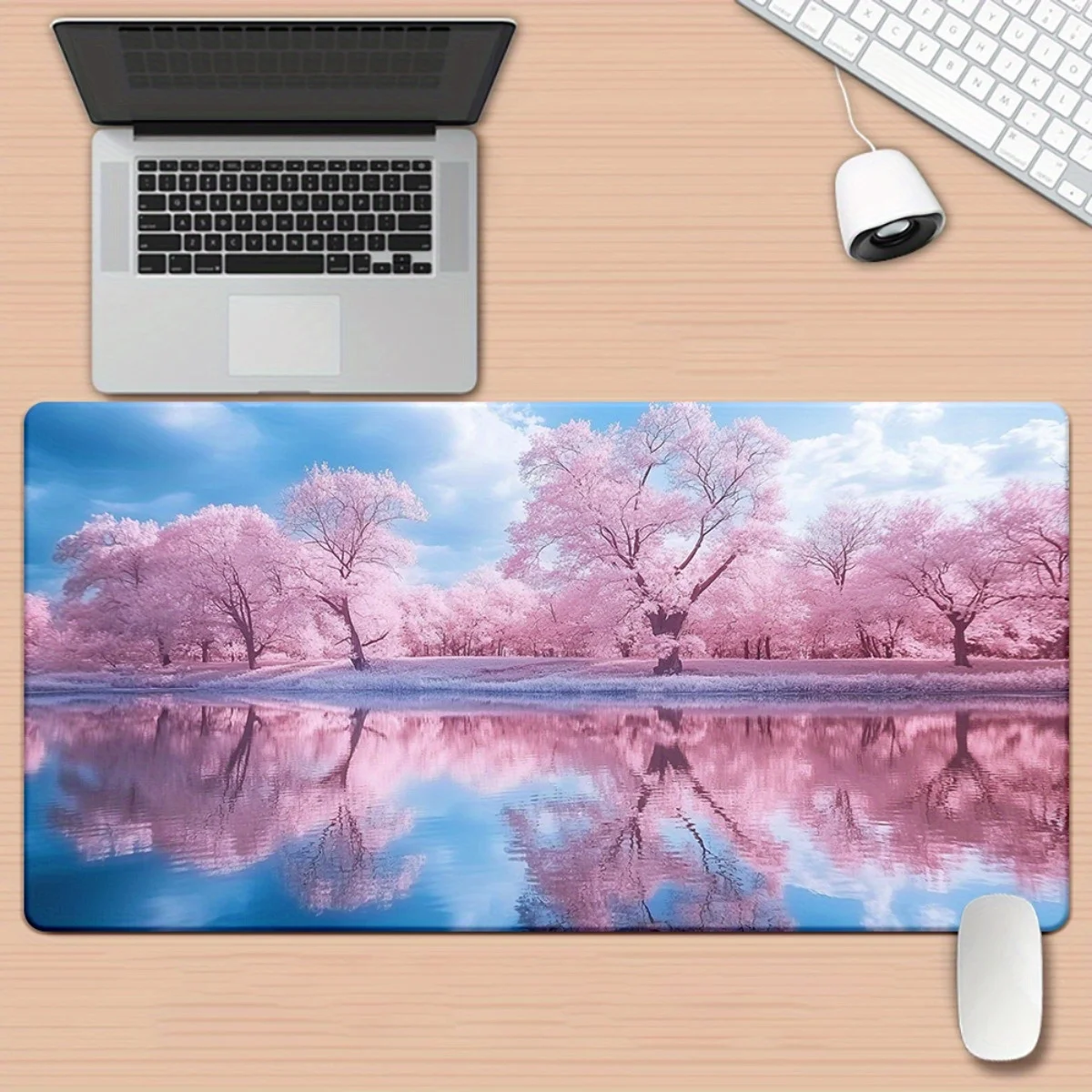 

1pc Cherry Blossoms by a Lake Mousepad - Non-Slip Rubber Base Gaming & Office Desk Mat with Vibrant Pink Floral Design, Durable