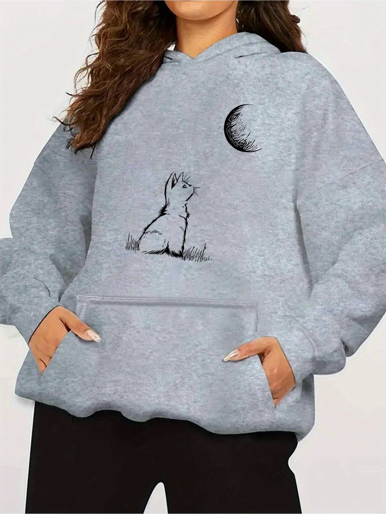 2025 Herfst en winter Dames Casual Cat Moon Line Art Print Sweatshirt met capuchon Zacht roze trui Comfortabele persoonlijkheid Y2K