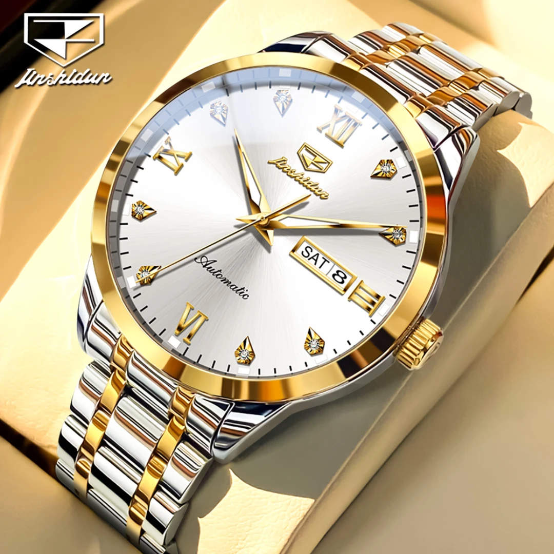 

JSDUN 8980 Mechanical Fashion Watch Gift Stainless Steel Watchband Round-dial Wristwatch Week Display Calendar