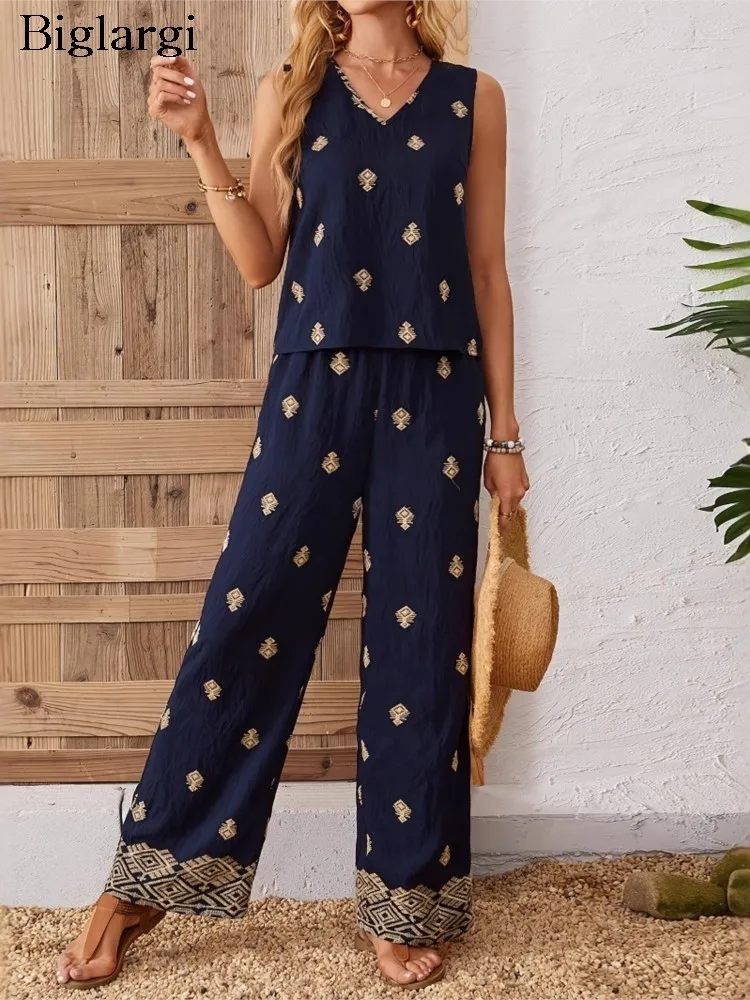 

Summer Floral Print 2 Two Piece Set Women Casual Fashion Ladies Sleeveless Blouses Wide Leg Loose Woman Long Pant
