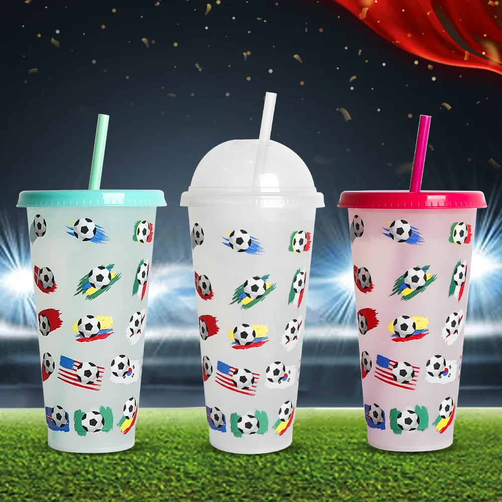 5pcs/lot 2024 World Football Color-changing Water Cup Plastic Straw Cup Change Color When Encountering Icy Water