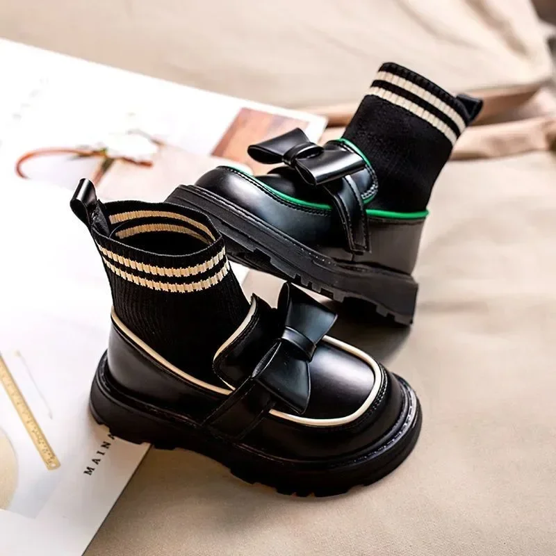 Girls' Socks Boots 2024 New Spring and Fall Black Children's Riding Boots Fly Knit Elastic Little Girls Casual Ankle Boots