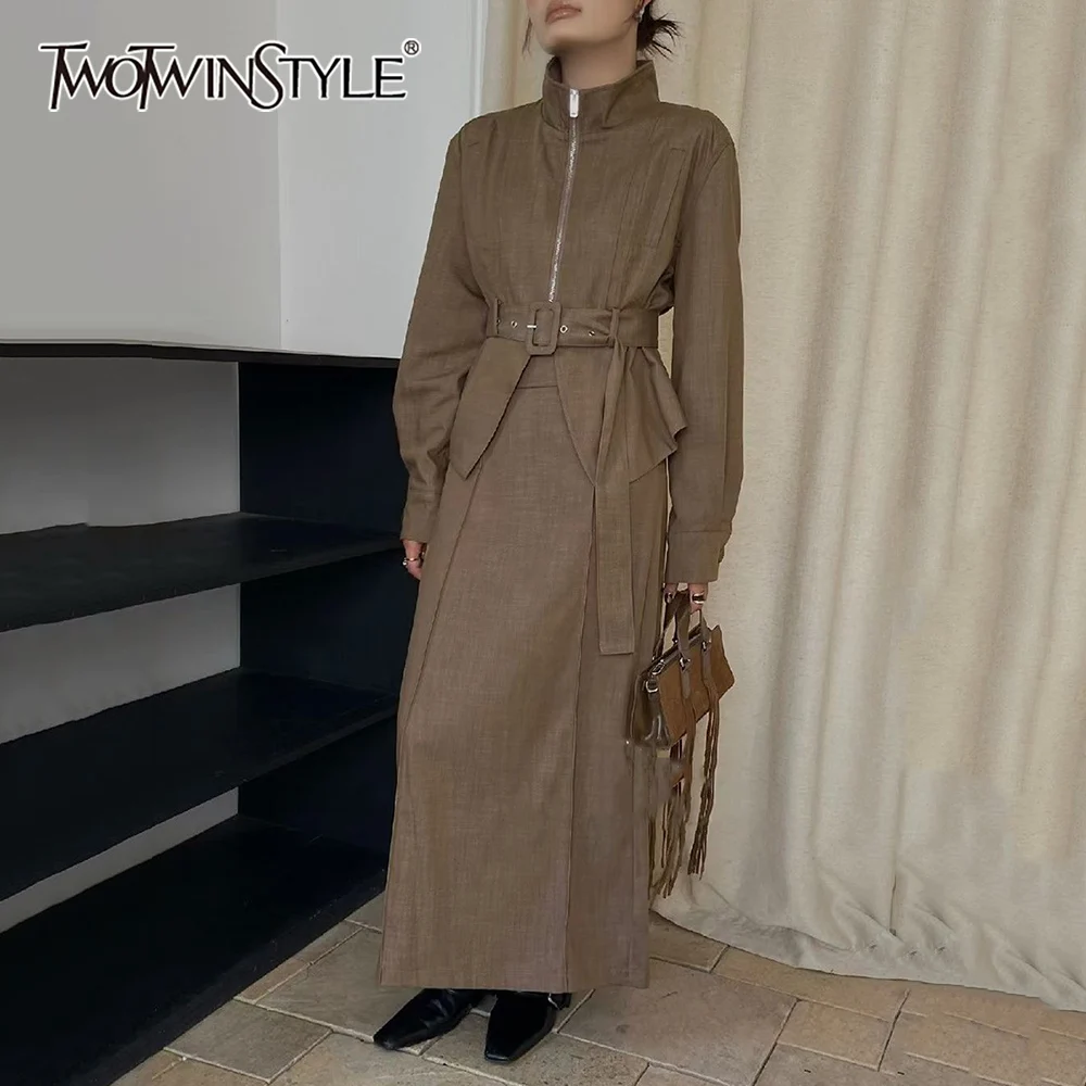 

TWOTWINSTYLE Solid Spliced Sashes Two Piece Set Female Turtleneck Long Sleeve Jacket Streetwear Retro Women's Skirt Set Fashion
