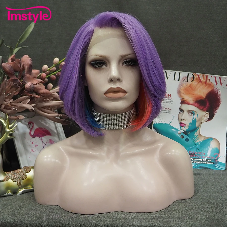 Imstyle Short Bob Wig Colorful Synthetic Lace Front Wig Tinsel Mixed Purple Wig For Women Cosplay Party Wig Heat Resistant Fiber