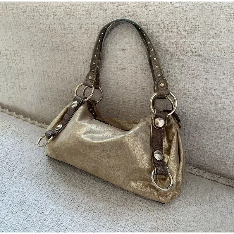 Marken-Retro-Y2K-Schultertasche Hochwertige Nischen-Motorradtasche mit Nieten Krokodilmuster Große Kapazität Denim-Canvas-Pendler-Tragetasche – Detail 17