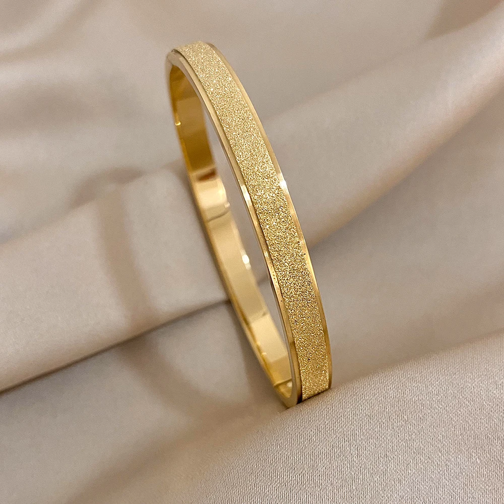 DODOHAO Unisex Jewelry Simple Stainless Steel Bangle Bracelets for Women Men Charm Frosted Gold Color Texture Cuff Bracelet Gift