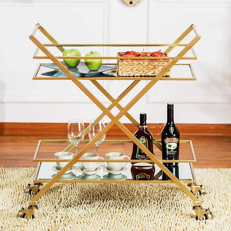 American wrought iron mobile food delivery cart trolley hotel double-layer wine rack tea cabinet personalized glass food car
