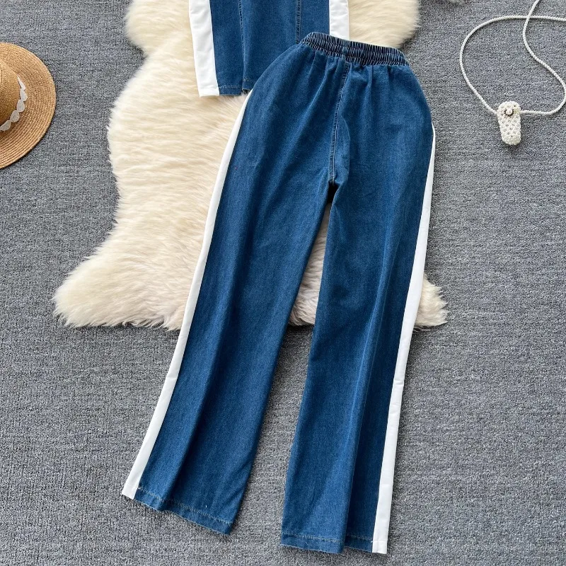 Neploe Simple Fashion Short Sleeve Patchwork Denim Tops Women+ High Waist Straight Wide Leg Pants 2024 Summer New Two Piece Sets