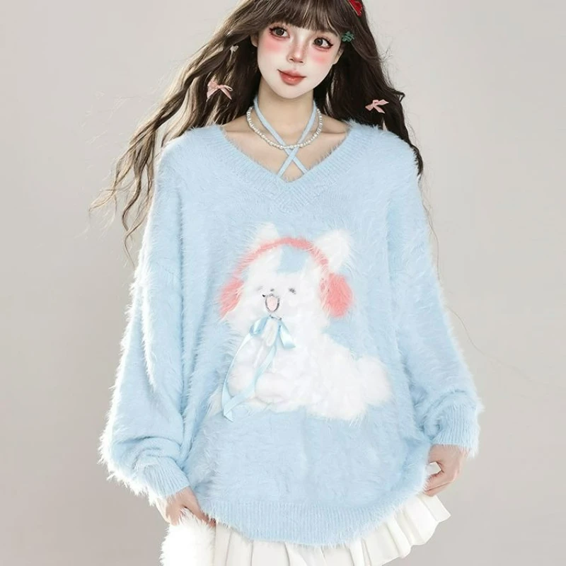 

Lazy Style Soft Sticky Hanging Neck V Collar Mink Fur Student Sweater for Women Autumn Winter New Fashion Outfit Cute Furry Top