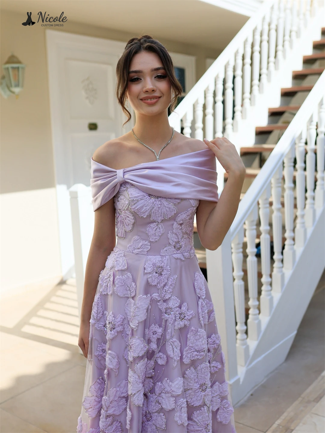 نيكول فساتين الحفلات المسائية الأنيقة الفاخرة 2025 فستان سهرة فاخر مصنوع حسب الطلب 2D التطريز الزهور خط كتف البطاقة #5