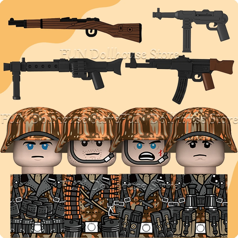 Figurines de soldats allemands militaires en blocs de construction, camouflage automnal brumeux, armes d'infanterie, imprimé annulaire, pistolet, briques MOC, jouet pour garçon