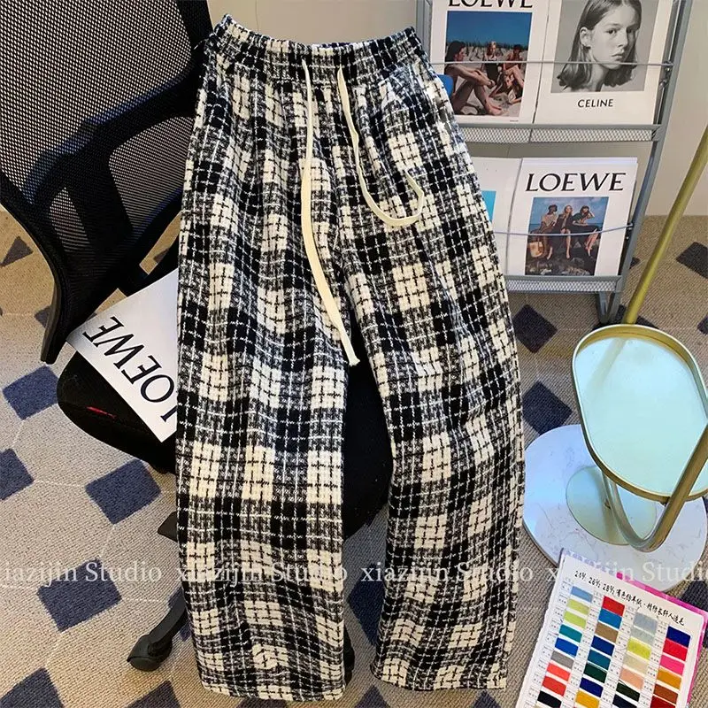 Winter Verdickte Breite Bein Hosen Vintage Lose Schwarz und Weiß Plaid Beflockung Casual Hosen Streetwear Frauen Koreanischen Stil