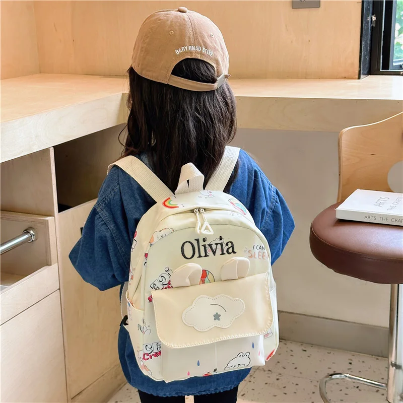 Mochila bonito orelha coelho, Saco de escola do estudante nome personalizado, Coelho branco pequeno impresso, Multi personalizado