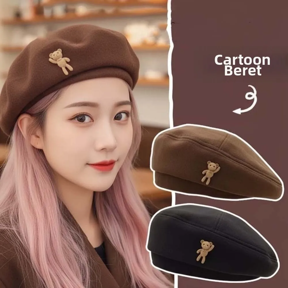 Soft Vintage Beret Hat Heart Decor Thermal Texture Cartoon Bear Cap Exquisite Adjustable Size Newsboy Octagonal Hat
