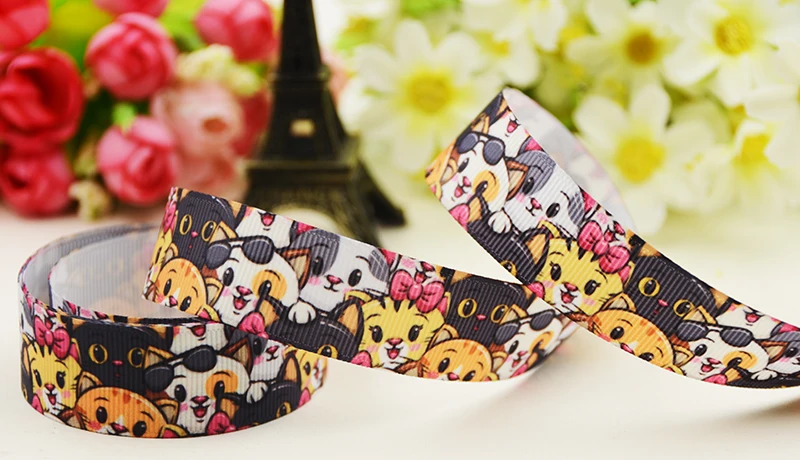 22mm 25mm 38mm 75mm Cat Cartoon printed Grosgrain Ribbon party decoration 10 Yards X-04977