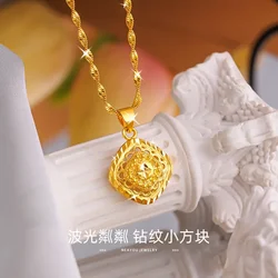 High Quality 999 24K Real Gold Necklace Temperament Womens AU750Diamond Pattern Small Square Pendant Clavicle Necklace