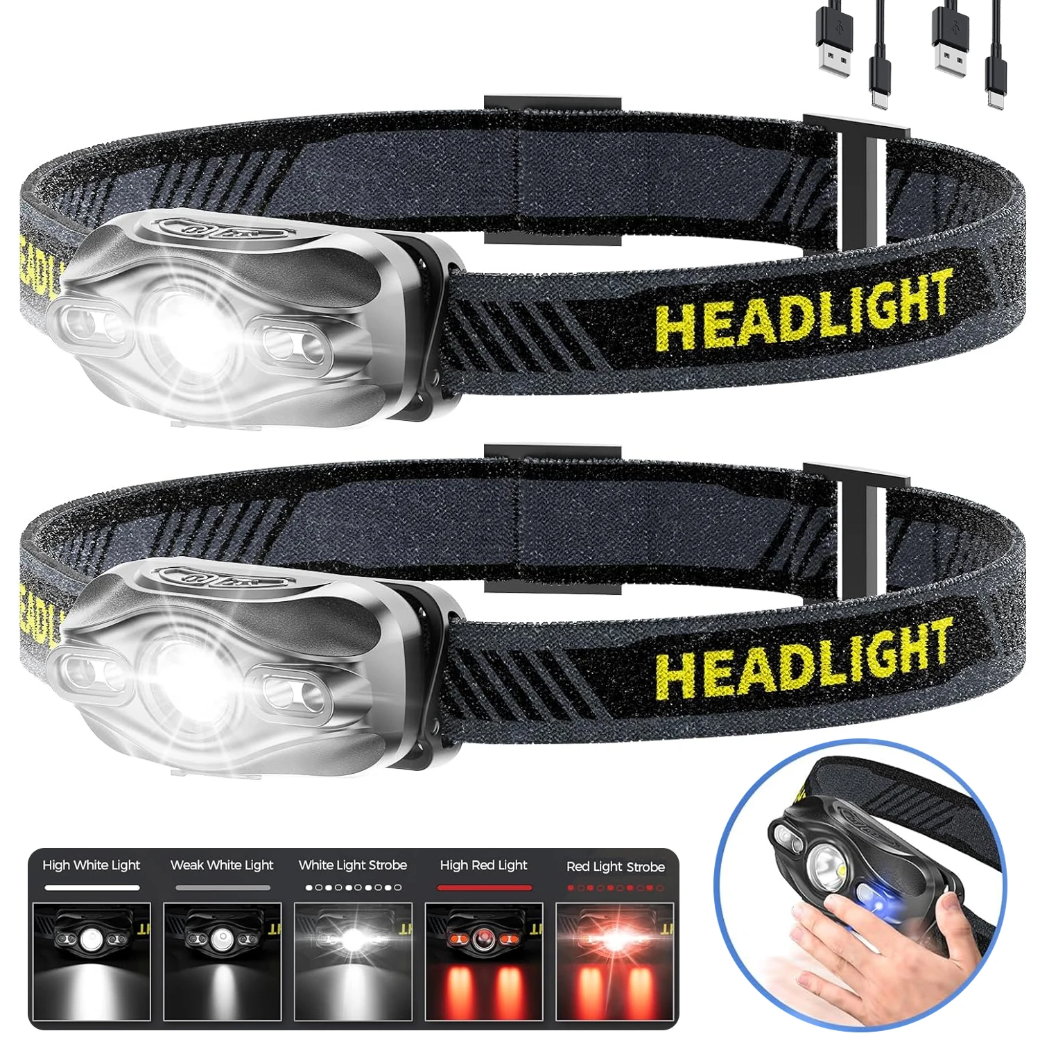 

Portable Sensor LED Headlamp Mini Compact USB Rechargeable Head Flashlight White+Red Light Adults Kids Fishing Camping Headlight