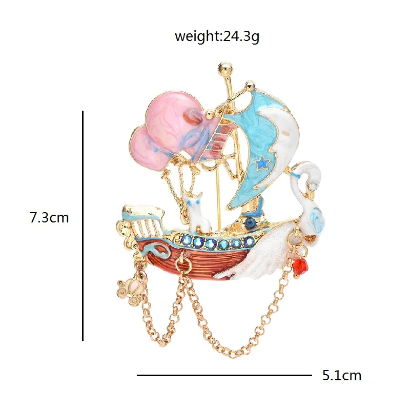 Wuli & babay romantyczny łabędź łódź broszki dla kobiet Unisex Multicolor emalia latające balony łańcuch łódź Party biuro broszka przypinki