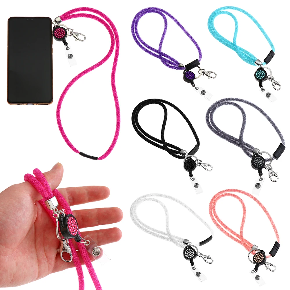 High Quality Office Supplies Mobile Phone ID Card Holder Hanging Rope Bling Crystal Lanyard Neck Strap Clip