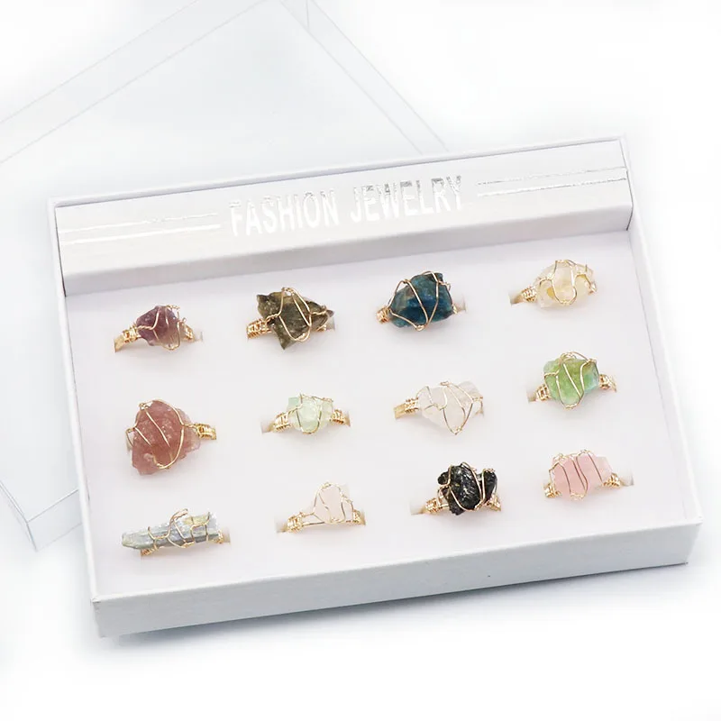 

12PCS New Trendy Fashion Raw Ore Wrapped Silk Ring Gemstone Natural Stone for Women Girls Gift Random Stone rings in Gift Box