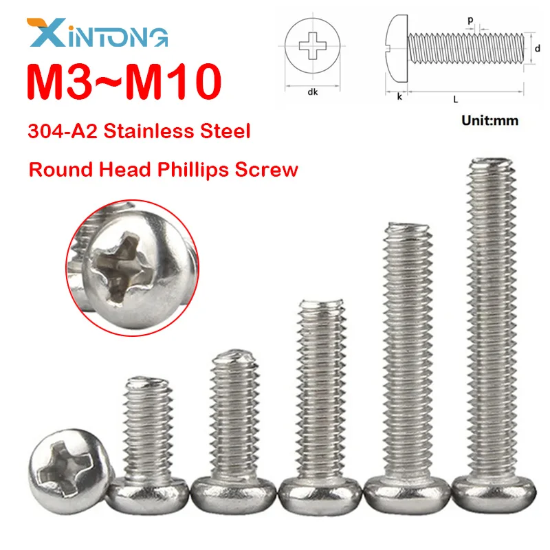 M3 M3.5 M4 M5 M6 M8 M10 Cross Round Head Bolt Phillips Machine Screw 304-A2 Stainless Steel Length 3mm-100mm