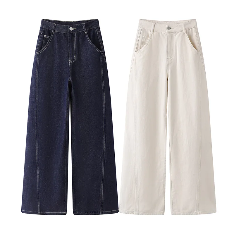 

Джинсы с широкими штанинами полной длины, женские однотонные джинсы с высокой талией, потертые джинсовые брюки, свободный крой, базовые карманы, молния, лето 2025 г.