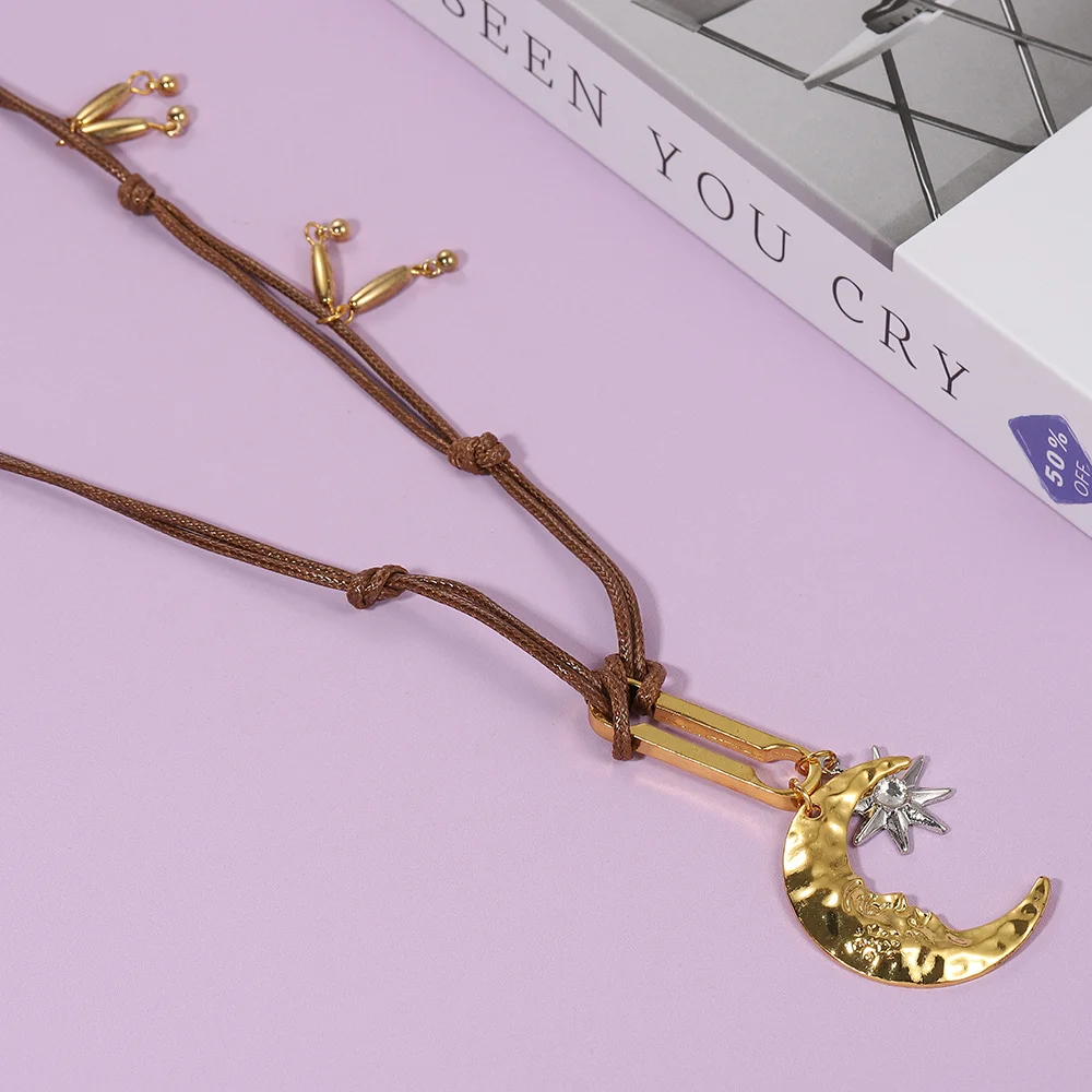 Retro-Boho-Stil, Nischendesign, modische Halbmond-Stern-Wachsseil-Halskette, verstellbare Accessoires für Damen, Schmuckgeschenke – Detail 6