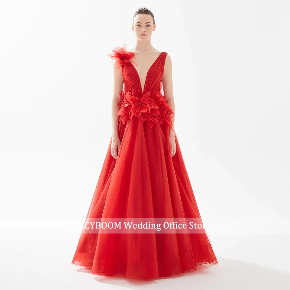 Sexy Deep V-Neck 3D Flowers Feathers Black Evening Dresses 2025 A-Line Sleeveless Floor Length Formal Occasion Party Prom Gowns