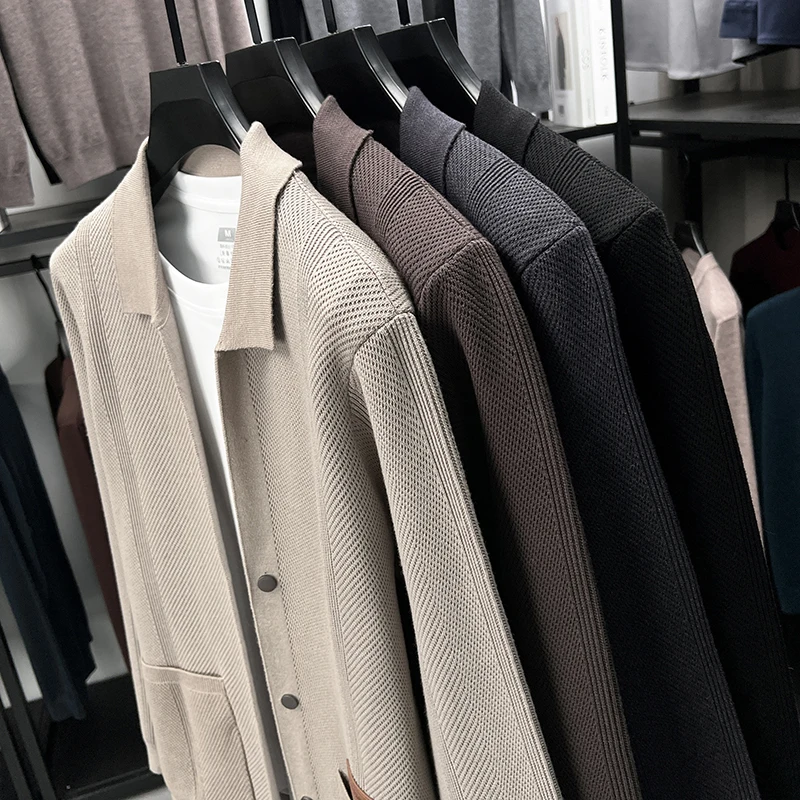 Men's Knitting High Quality Autumn Winter Knit Cardigan Single-Breasted Lapel Leather Label Long Sleeves Sweater Leisure Coat