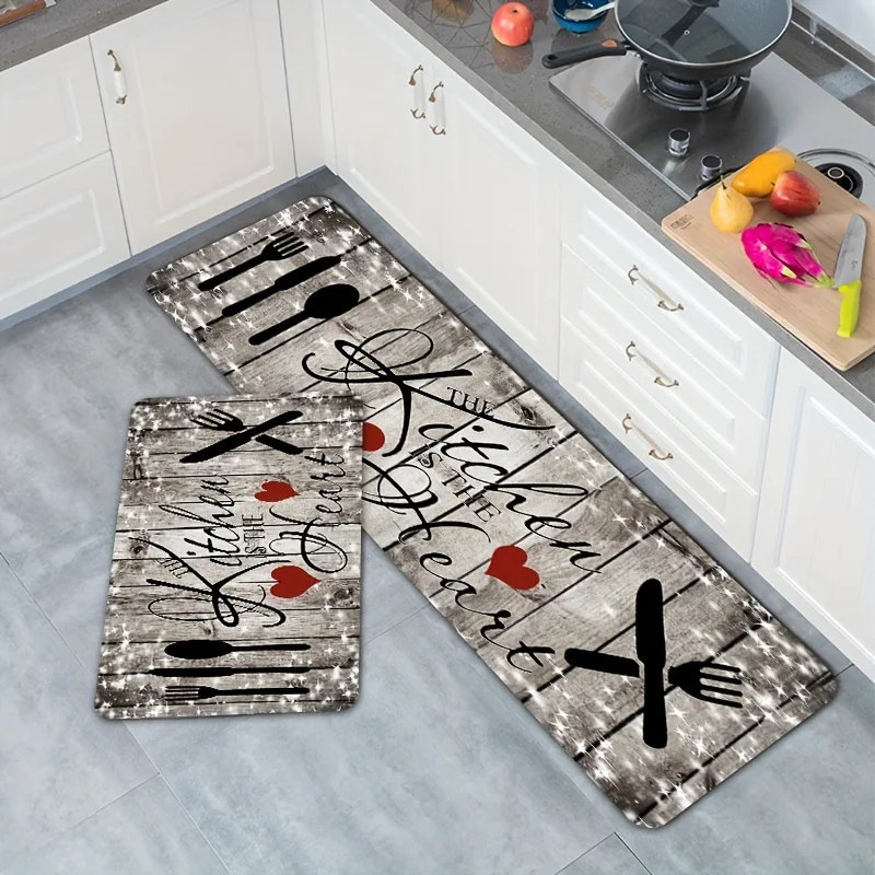 VIKAMA 1/2pcs Simple Knife And Fork Heart-Shaped Kitchen Floor Mat, Laundry Room Floor Mat, Machine Washable, Home Decoration view 2