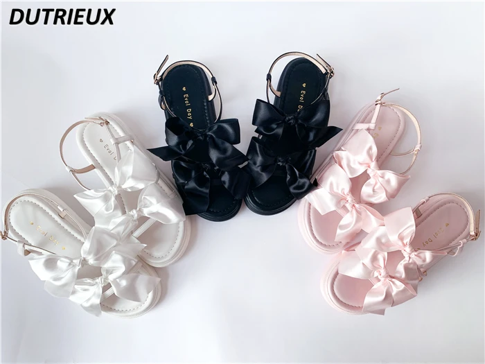 

2024 New Fashion Ladies' Casual Shoes Summer Cute Sweet Lolita Japanese Style Simple Ribbon Bow Flat Sandals for Women