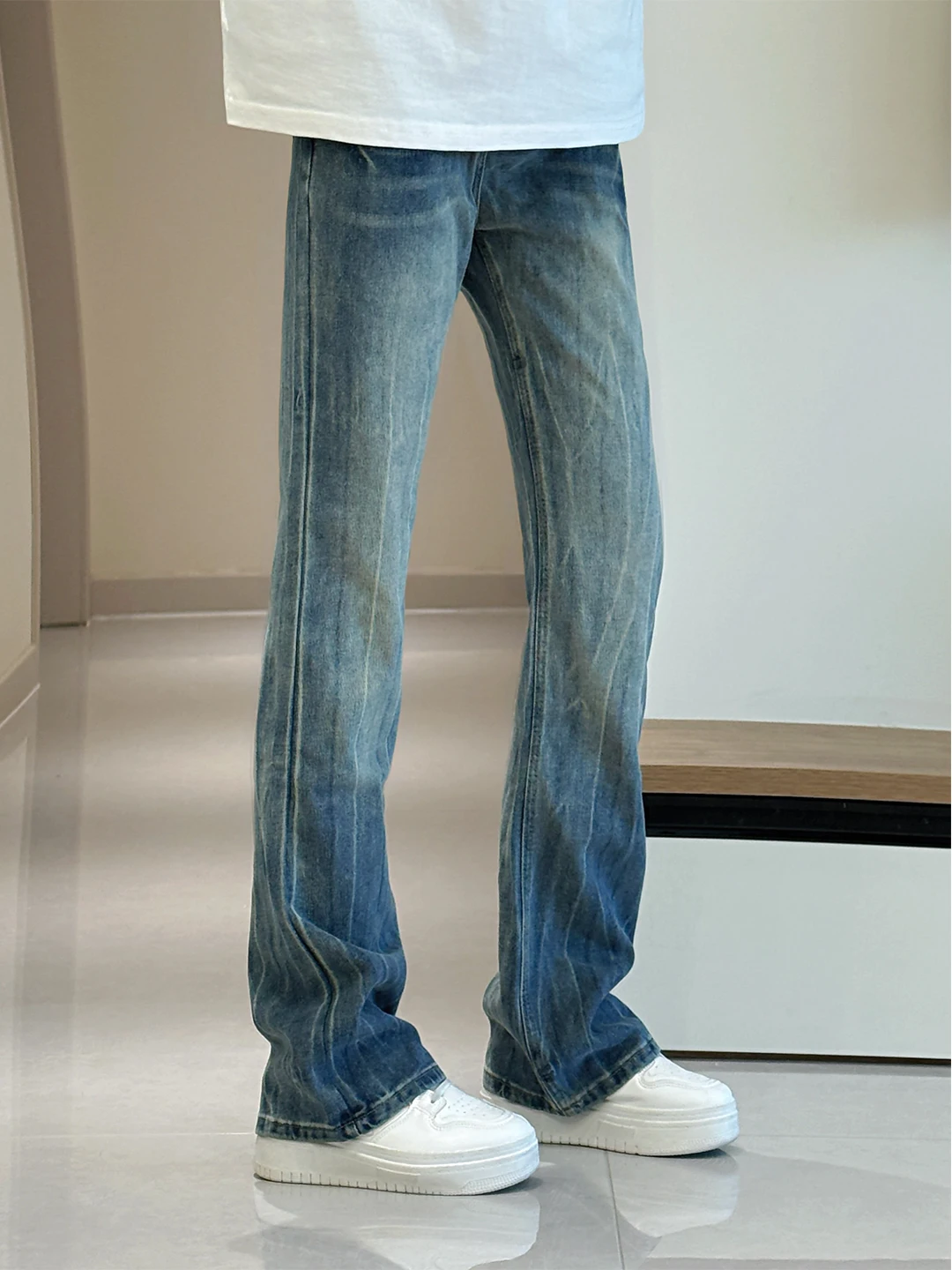 

Retro Blue Lightning Pattern Bell Bot Jeans Men's Summer American High Street Straight Leg Pants Slimming Cool Long Trousers