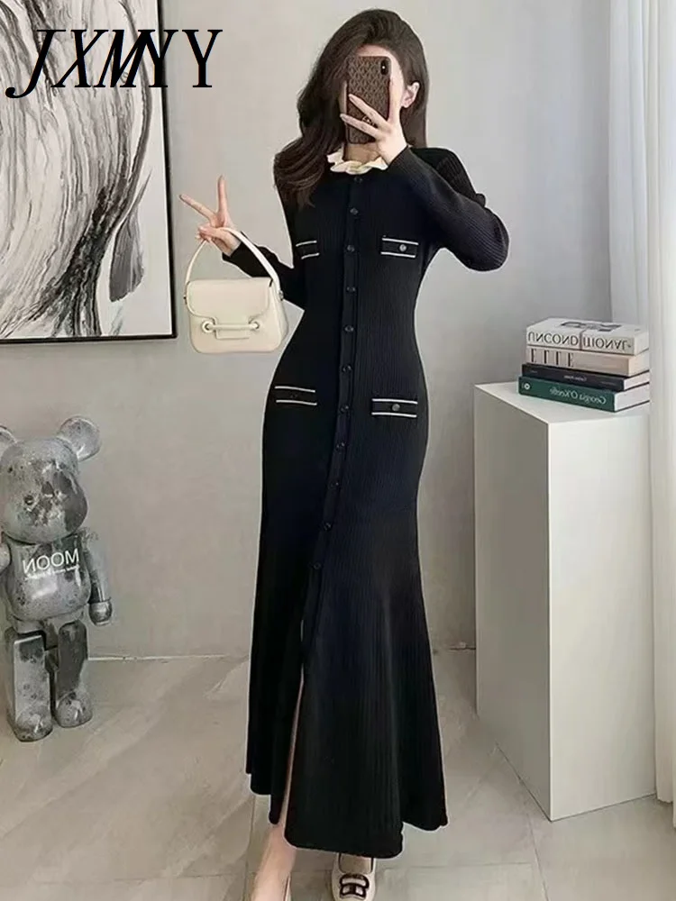 

JXMYY 2024 Autumn Fashion New Style Elegant Lace Ear Collar Black Slimming Style Long Knitted Women's Dress