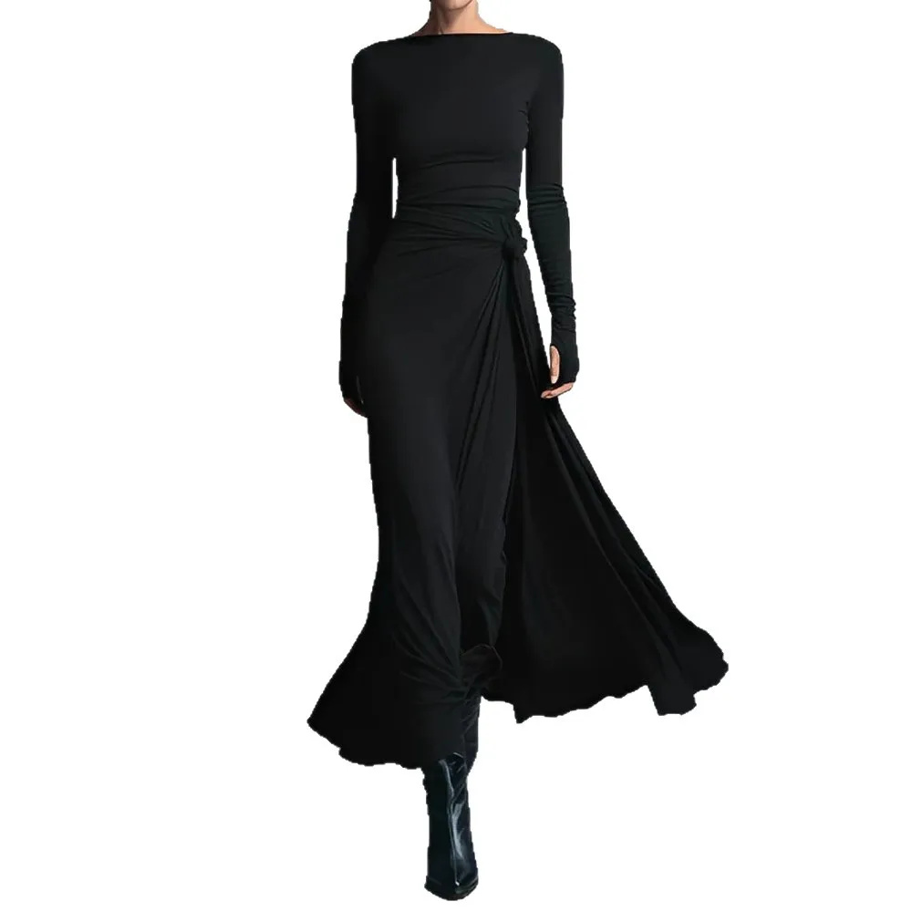 

Новое винтажное элегантное серое платье-халат 2026 года, модное всесезонное однотонное длинное платье, уличная одежда, универсальные женские платья