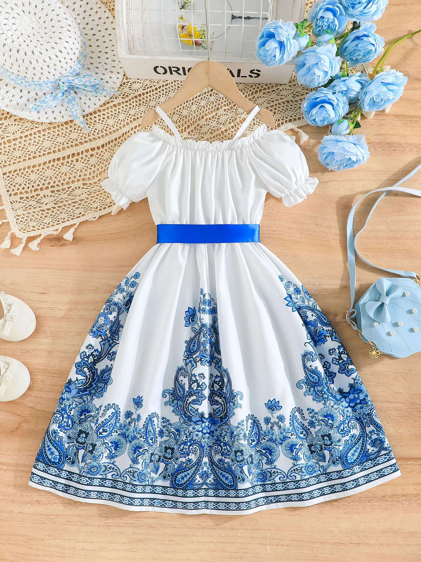 2024 Summer New Arrival Girls Short Sleeve Slash Neck Sashes Print Floral Blue Infantil Menina Cute Party Dress Custume 2-7T