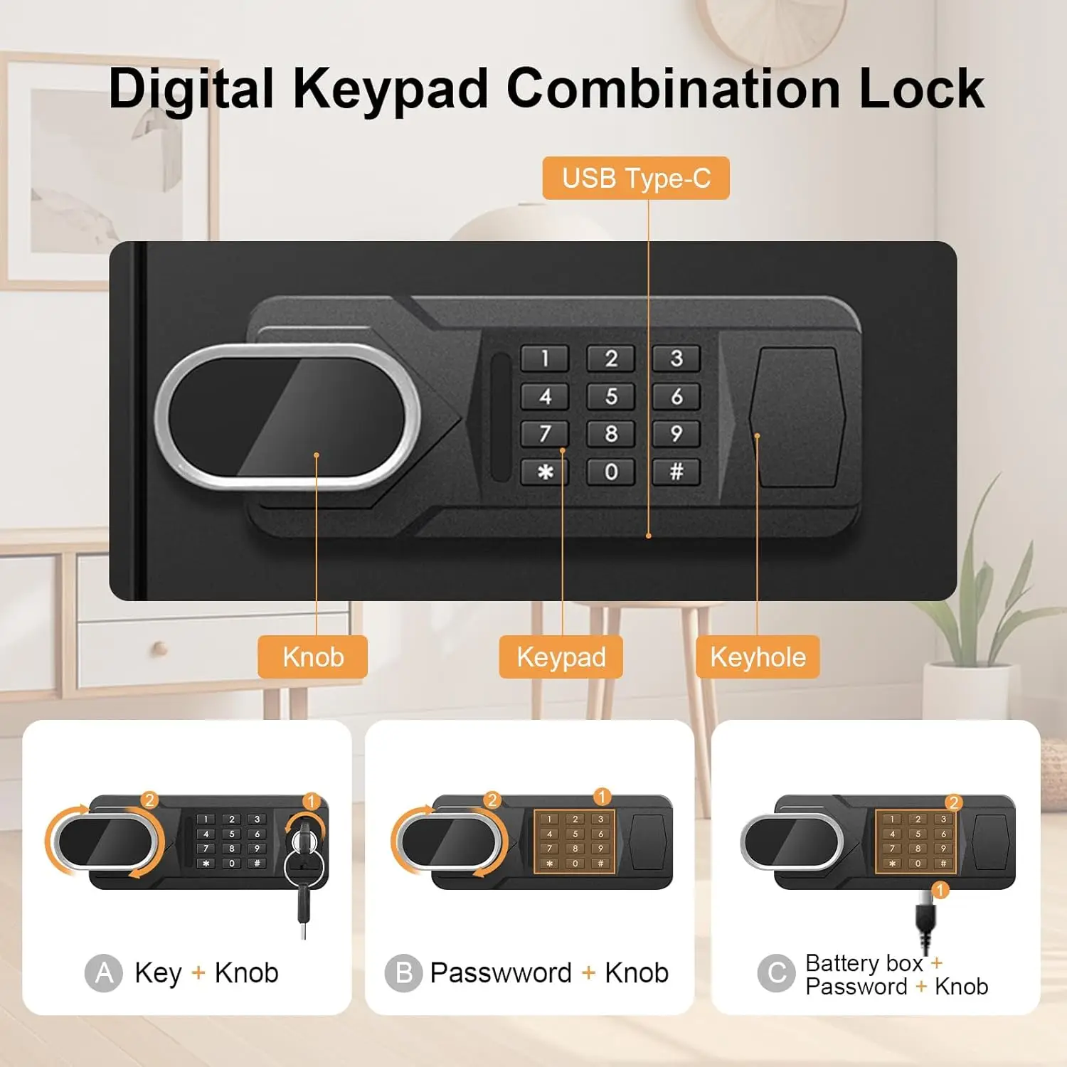 4.3 Cubic Feet Large Home Safes Fireproof Waterproof, Anti-theft Security Personal Safe Box With Digital Keypad & 3 Removable Sh